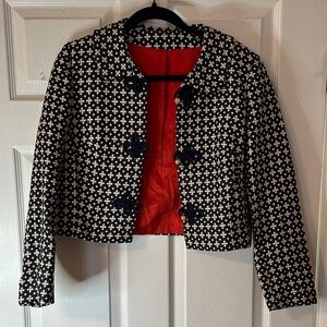 Vintage Elegant Navy and White Women's Jacket with Red Lining